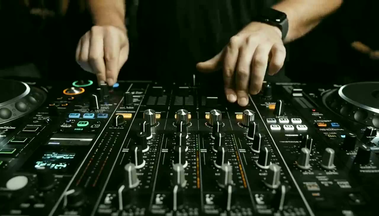 Hands working a mixer in a dim venue, faders moving under low light.