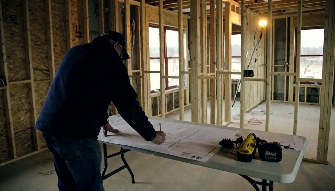 A contractor marking up plans on a jobsite.