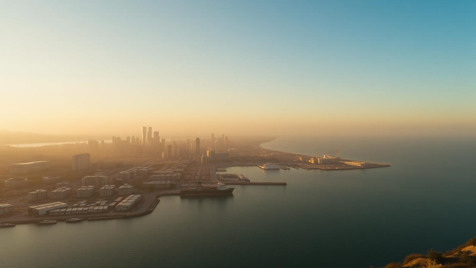 A long view across a working city at first light.