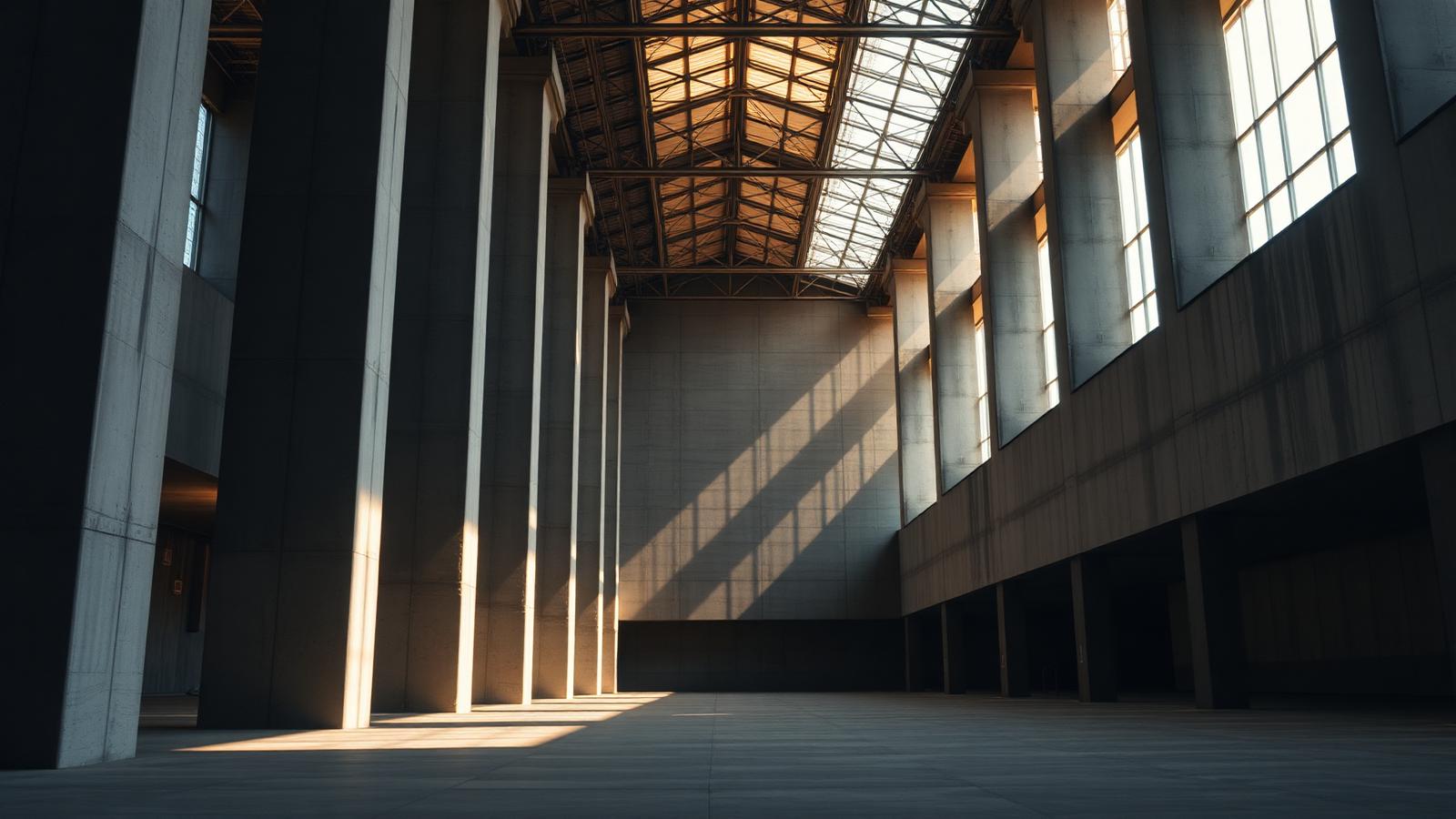 A quiet corporate interior with structural columns and daylight.