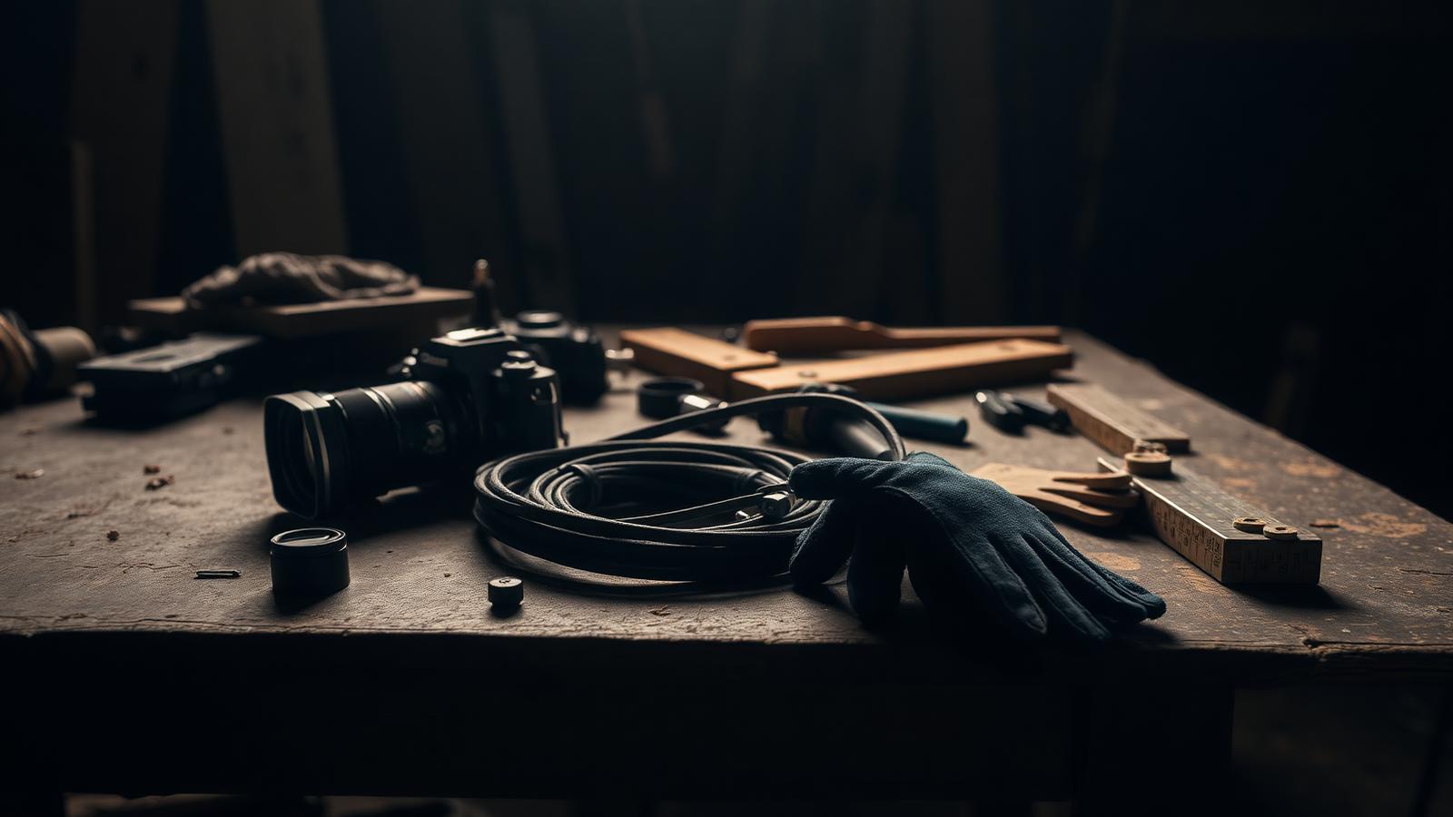 Working equipment from several trades arranged across a wide surface.